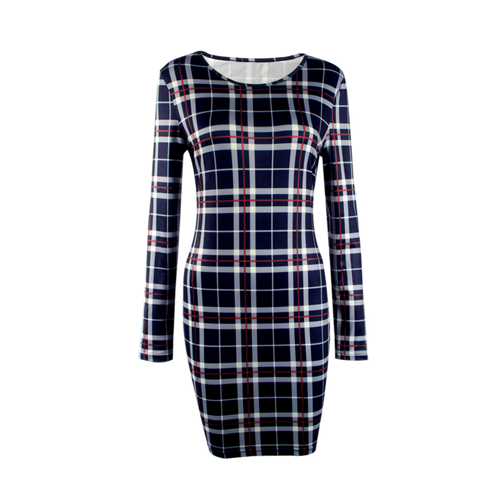 W25040-1 Womens  Plaid Check Crew Neck Casual Slim Bodycon Mini Pencil Dress